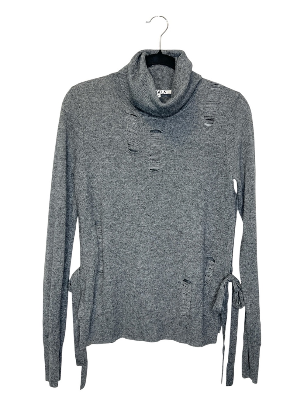 PAM & GELA Destroyed Wool Cashmere Turtle Neck Side Tie Gray Sweater size P